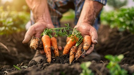 Close-up of farmer's hands holding fresh carrots in the garden. - obrazy, fototapety, plakaty