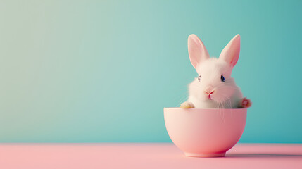 A cute easter bunny rabbit inside a small cup with copy space