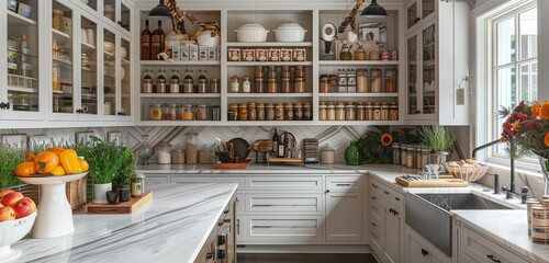 Step into a culinary haven as a top kitchen pantry unveils its interior beauty, featuring a stunning marble countertop adorned with carefully curated items.