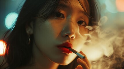 Fototapeta premium Smoking woman with red lips holding a cigarette, showcasing beauty, makeup, and glamour in a close-up fashion shot.