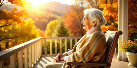 Poster An elderly woman sitting outdoors on a terrace in on a sunny day in autumn. © bingo