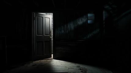 A dark room with light coming through an open door.