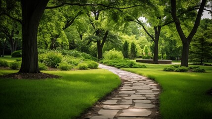 A garden path in a lush green park.