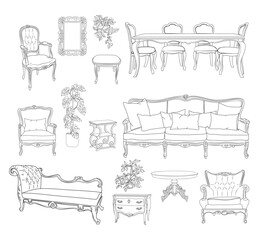 Collection of elegant antique furniture and home interior decorations in trendy vintage retro style. Modern hand drawn black sketch vector illustrations isolated on transparent background. 