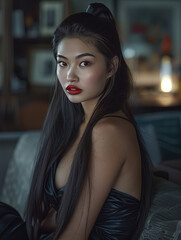 Fototapeta premium Graceful elegance personified: a beautiful Asian lady in a stunning black dress. Radiating beauty and poise, she captivates with every step, a vision of timeless allure.