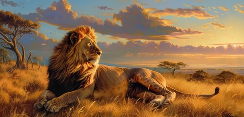 Witness the power and grace of a lion on the savanna, its mane shimmering in the soft morning light...