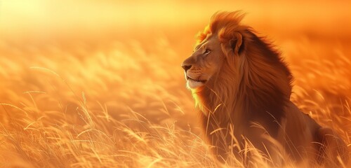Witness the power and grace of a lion on the savanna, its mane shimmering in the soft morning light...
