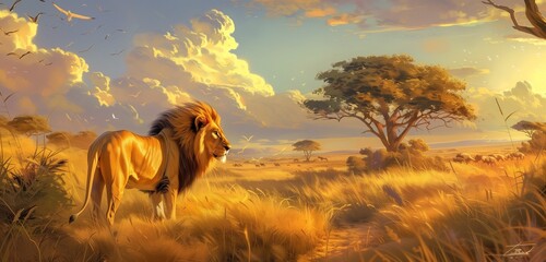 Witness the power and grace of a lion on the savanna, its mane shimmering in the soft morning light as it surveys its kingdom, symbolizing the untamed spirit of the African wilderness 