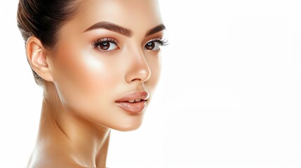 Obraz premium Beautiful young asian woman with clean fresh skin on white background, Face care, Facial treatment, Cosmetology,
