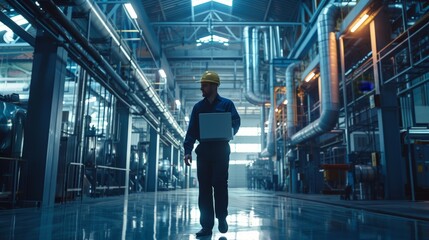 Fototapeta premium Chief Engineer in the Hard Hat Walks Through Light Modern Factory While Holding Laptop.