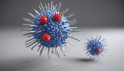  Viral particles in 3D rendering, with spikes and red dots representing proteins and receptors