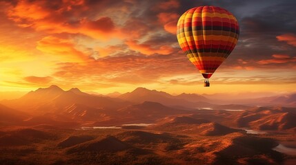 Air balloon gracefully floating in the sky at sunset.