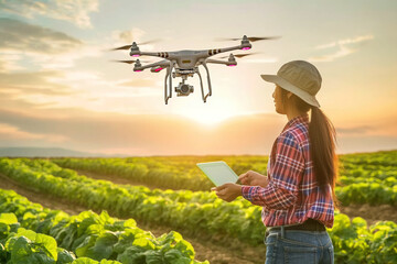 Female farmer operating a drone in an agricultural field, technology in farming