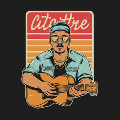 2d vector illustration art  Retro guitar with trees and city on the background, Summer t-shirt design, Custom vector illustration for posters vintage distressed style each design showed in different c
