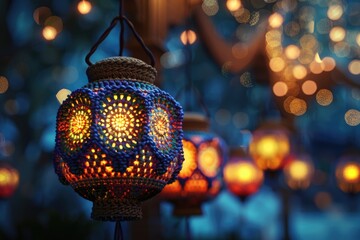 Beautiful decorative lanterns for Ramadan Kareem with bokeh background