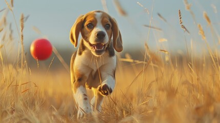 cute Beagle puppy 3 months running happy over the meadow with a red ball - obrazy, fototapety, plakaty