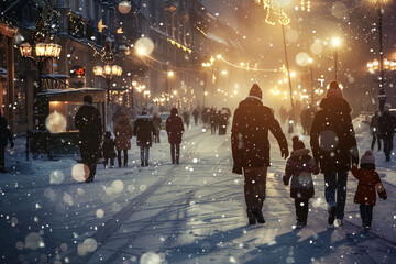 family walking through a snowy city