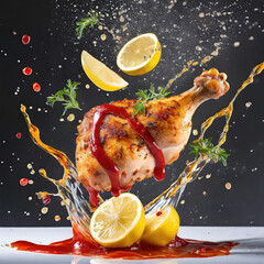 Advertisement food photography splash of lemon juice on chicken drum steak, bright colors, Generated AI