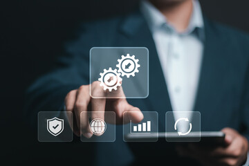 Integration data system concept. System Integration technology, Businessman touch Integration icon on virtual screen for industrial and smart technology. Business and automation solutions.