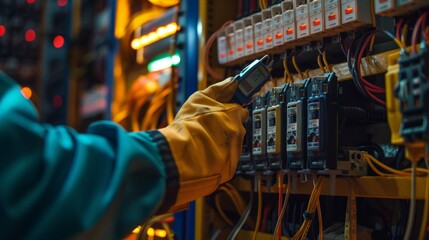 Fototapeta premium Hand of an electrician with multimeter probe at an electrical switchgear cabinet