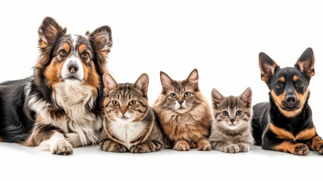 Group of dogs and cats in front of white background