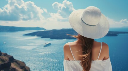 Happy woman in sun hat enjoying her holidays on Santorini island, Greece. View on Caldera and Aegean sea from Oia. - obrazy, fototapety, plakaty