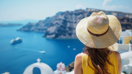 Happy woman in sun hat enjoying her holidays on Santorini island, Greece. View on Caldera and Aegean sea from Oia. - obrazy, fototapety, plakaty