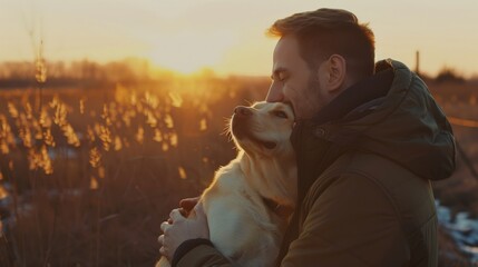 Happy young man holding dog Labrador in hands at sunset outdoors