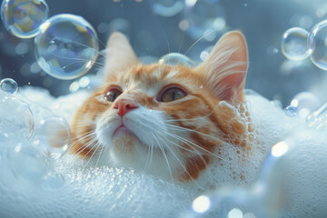 Funny cat Taking Bubble Bath, pet shower