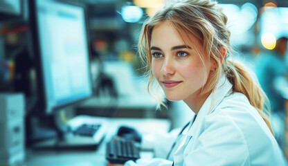 Female doctors, scientists, and researchers show smiling faces In her office.