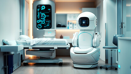 A robot, AI, takes care of patients in the hospital room. Using technology for medicine.