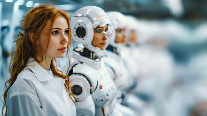 Businesswoman Standing in line with robots, waiting for a job interview: AI vs human competition.