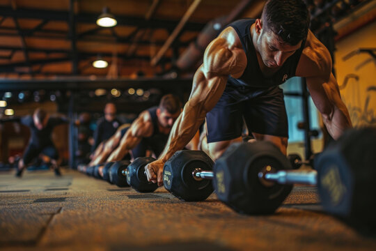 Group workout and dumbbell push up at gym for muscle power - Powered by Adobe