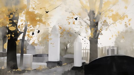 Landscape illustration - autumn in a cemetery
