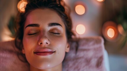 Fototapeta premium Relaxed woman lying in spa salon with closed eyes, waiting for massage