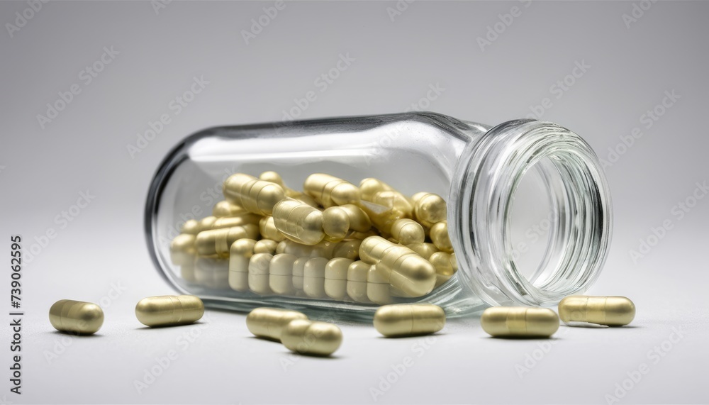 Poster  Pill bottle with gold capsules, symbolizing wealth or luxury