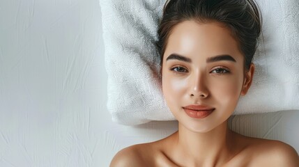 Spa beauty skin treatment woman on white towel. Gorgeous beautiful multiracial Caucasian / Asian female model with perfect skin lying on towel. - obrazy, fototapety, plakaty