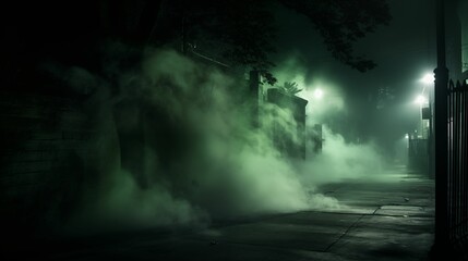Dark empty street background with mystic smoke.