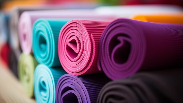 Closeup of a vibrant pile of colorful yoga mats.