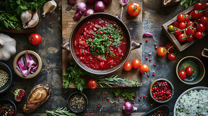 Immerse yourself in the taste of Russian borscht — the harmony of fresh vegetables, fragrant meat and rich broth. - obrazy, fototapety, plakaty