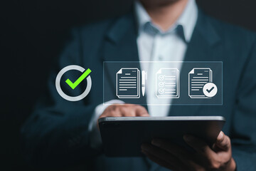 Document management concept. Business process workflow illustrating management approval and project approve. Businessman use tablet to paperless online approval.