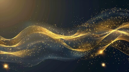 Vector Abstract shiny color gold wave design element with glitter effect on dark background - obrazy, fototapety, plakaty