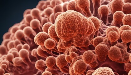  Microscopic view of a cluster of cells, magnified to reveal intricate details