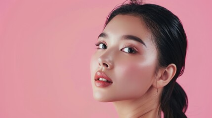 Young Asian beauty woman pulled back hair with korean makeup style touch her face and perfect skin on isolated pink background. Facial treatment, Cosmetology, plastic surgery. - obrazy, fototapety, plakaty