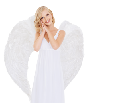 Portrait, smile and woman with angel wings in heaven isolated on transparent background for religion. Beauty, fantasy or holy and happy young model in feather costume for spiritual belief on PNG