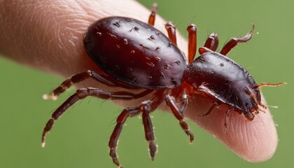  Close-up of a human hand holding a large, dark red spider with long legs