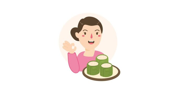 woman selling lemang traditional food. animation