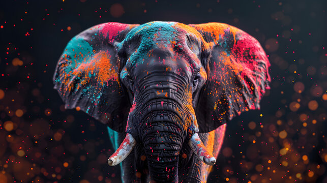 Elephant On Colorful Splashes, Diwali, Religious Animal, Jungle Animal, Diwali Concept, Generative Ai