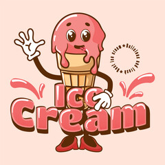 Retro mascots in cartoon style. Funny ice cream dessert in retro style. Logo Mascot. Vector illustration