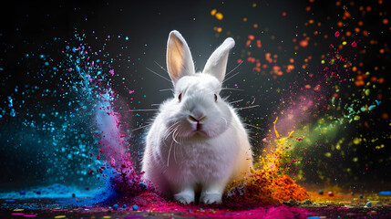 Easter Bunny On Colorful Splashes, Diwali, Religious Animal, National Animal, Generative Ai